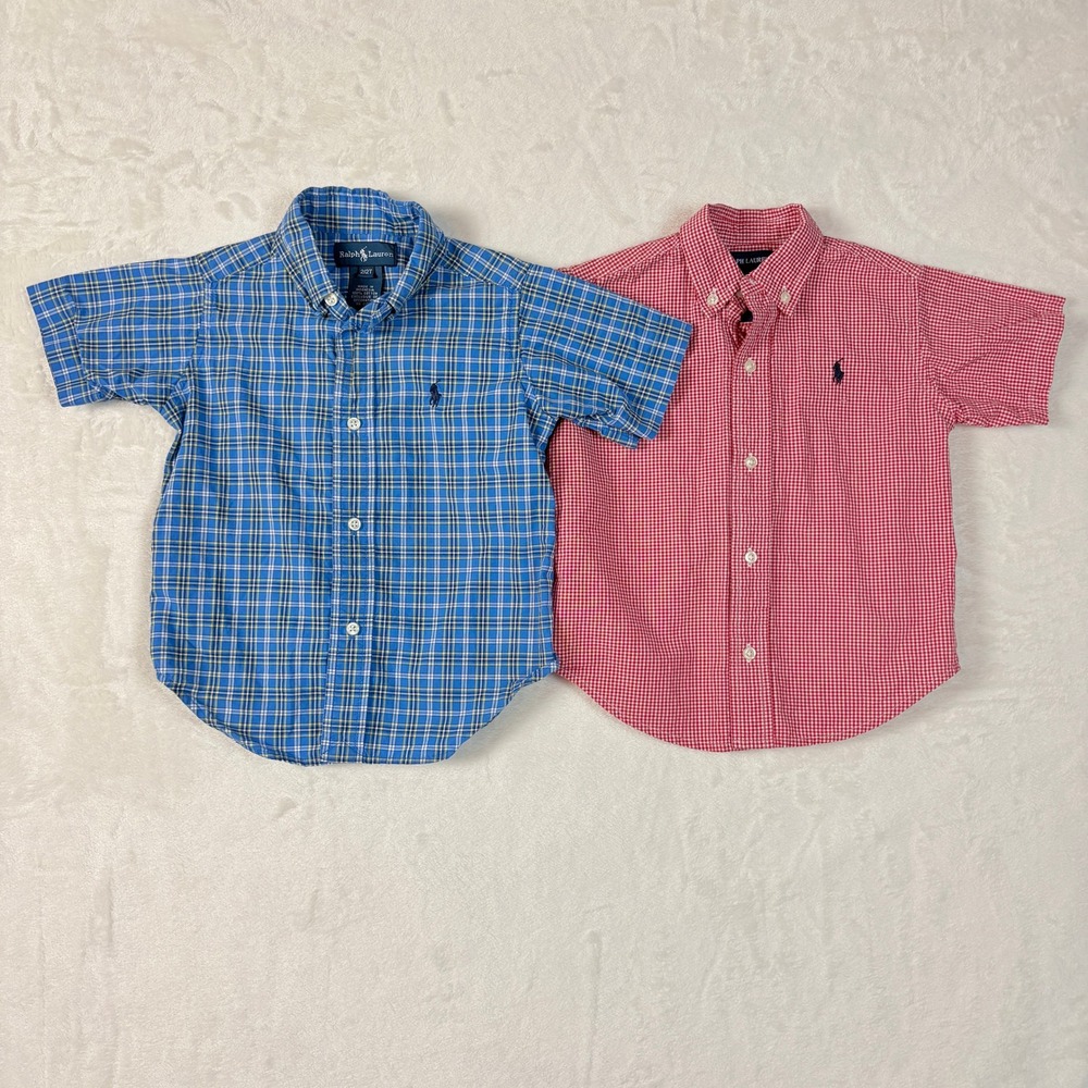 Ralph Lauren Button Down Shirt Kids 2T Blue Red Plaid Gingham Good 2 Pack
